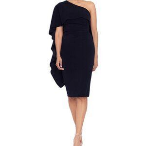 NWT Xscape Dress One-Shoulder Draped Midi Dress Navy Size 8